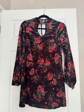 Xhilaration Black Velvet Long-Sleeve Floral Mini Dress with Keyhole